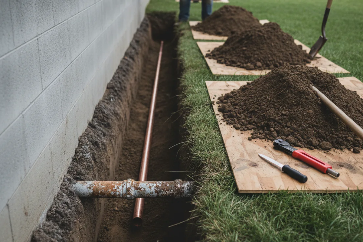 Excavated water line trench during Water Heater Repair in Clemmons